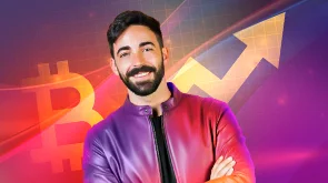 A man's strategic thoughts visualize as golden particles, representing the high-level process of crypto market making.