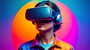 A man experiencing a virtual world through a high-tech VR headset, a key element of Metaverse marketing.