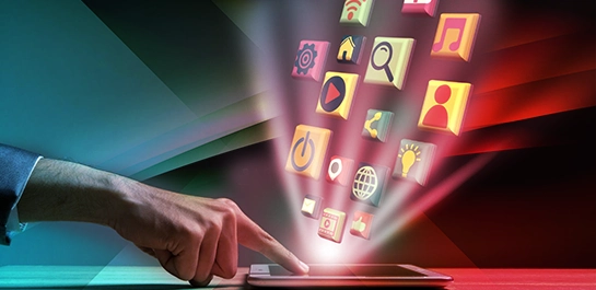 A stream of digital media icons represents the various channels used in paid media marketing