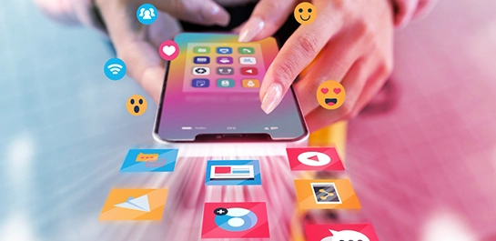 A smartphone user shares content, sparking engagement and positive reactions through paid social marketing.