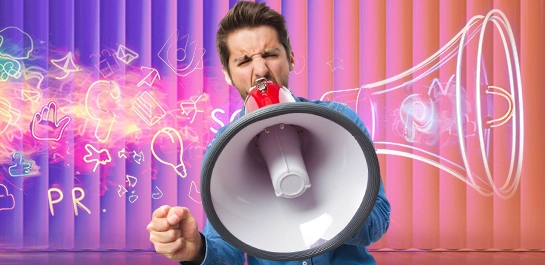 Communication icons flow from a megaphone, illustrating the multi-channel strategy of a successful PR outreach campaign