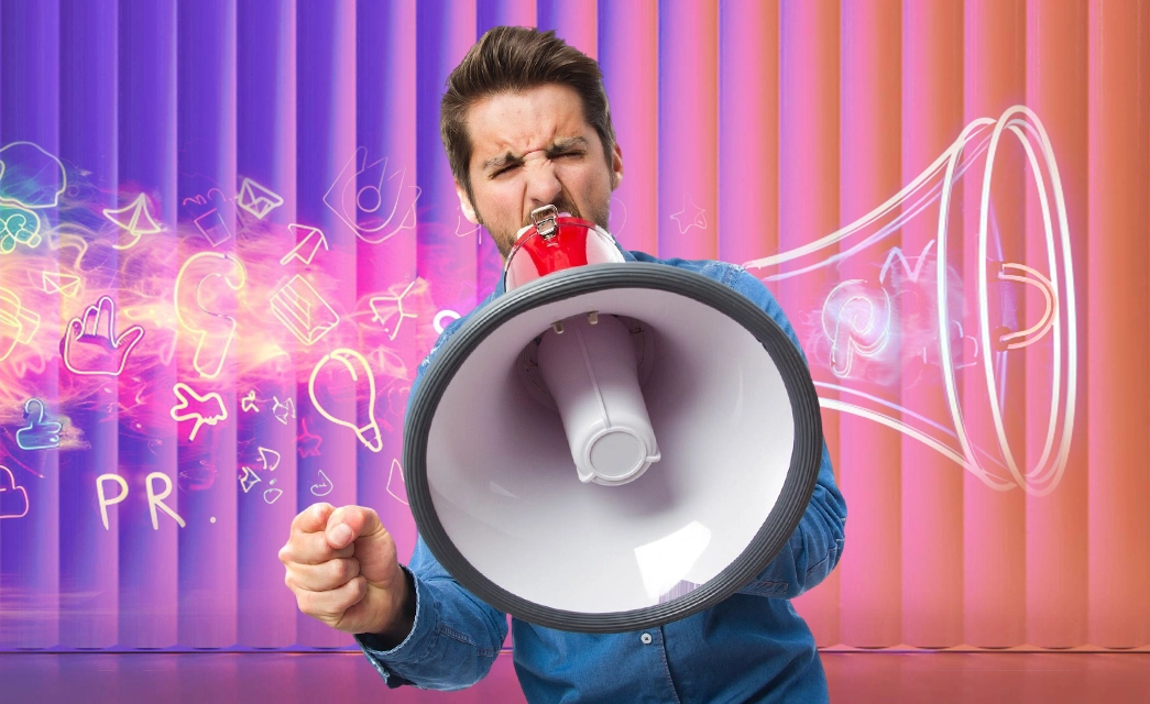 Communication icons flow from a megaphone, illustrating the multi-channel strategy of a successful PR outreach campaign
