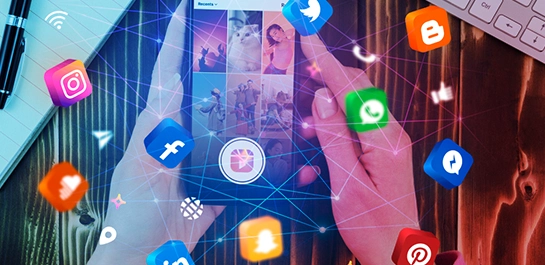 A network of popular social media logos connected by light emanates from a smartphone, demonstrating the core strategy of social media marketing.