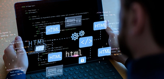 A holographic interface showing the structure and code behind modern website development.
