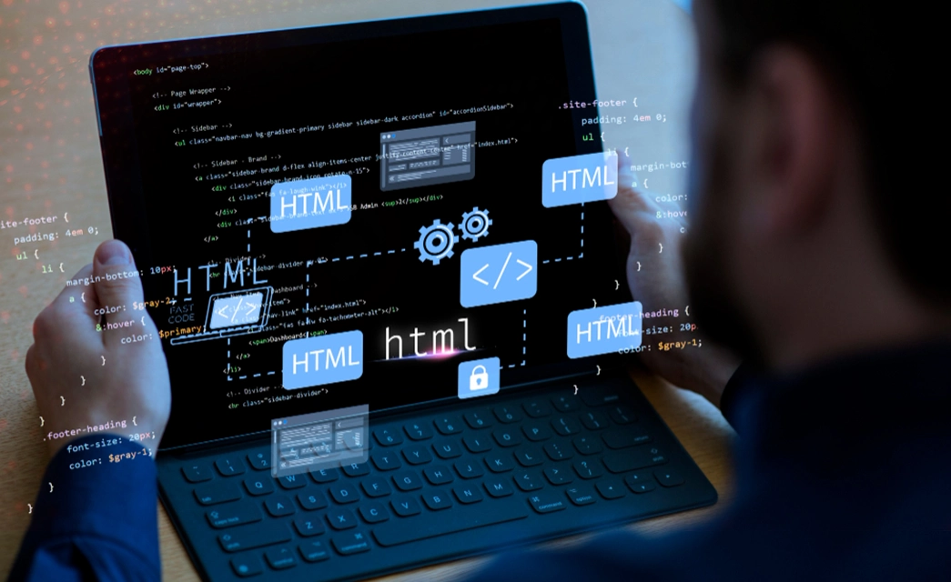 A holographic interface showing the structure and code behind modern website development.