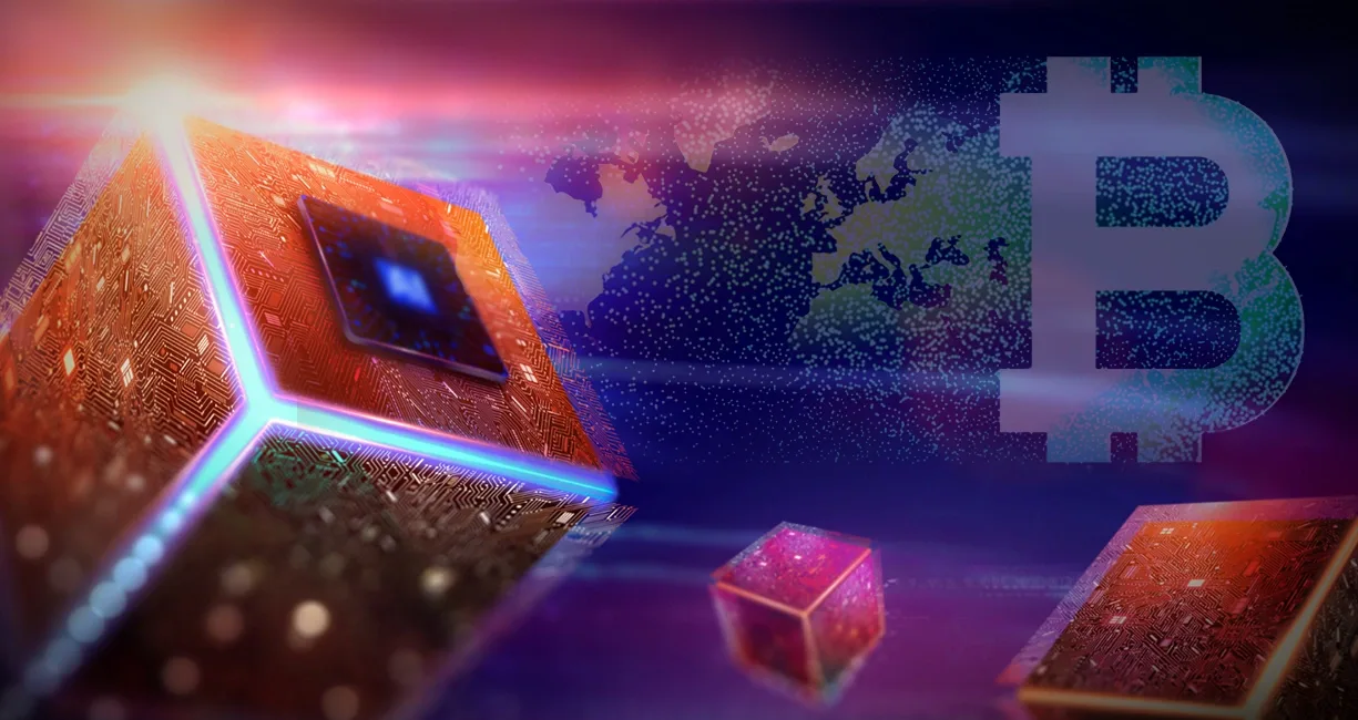 Glowing hightech cubes float in front of a world map, symbolizing the global reach of Bitcoin and blockchain technology