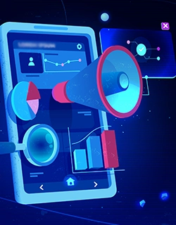 A mobile screen displays marketing and analytics icons, representing the data-driven results of modern website development.